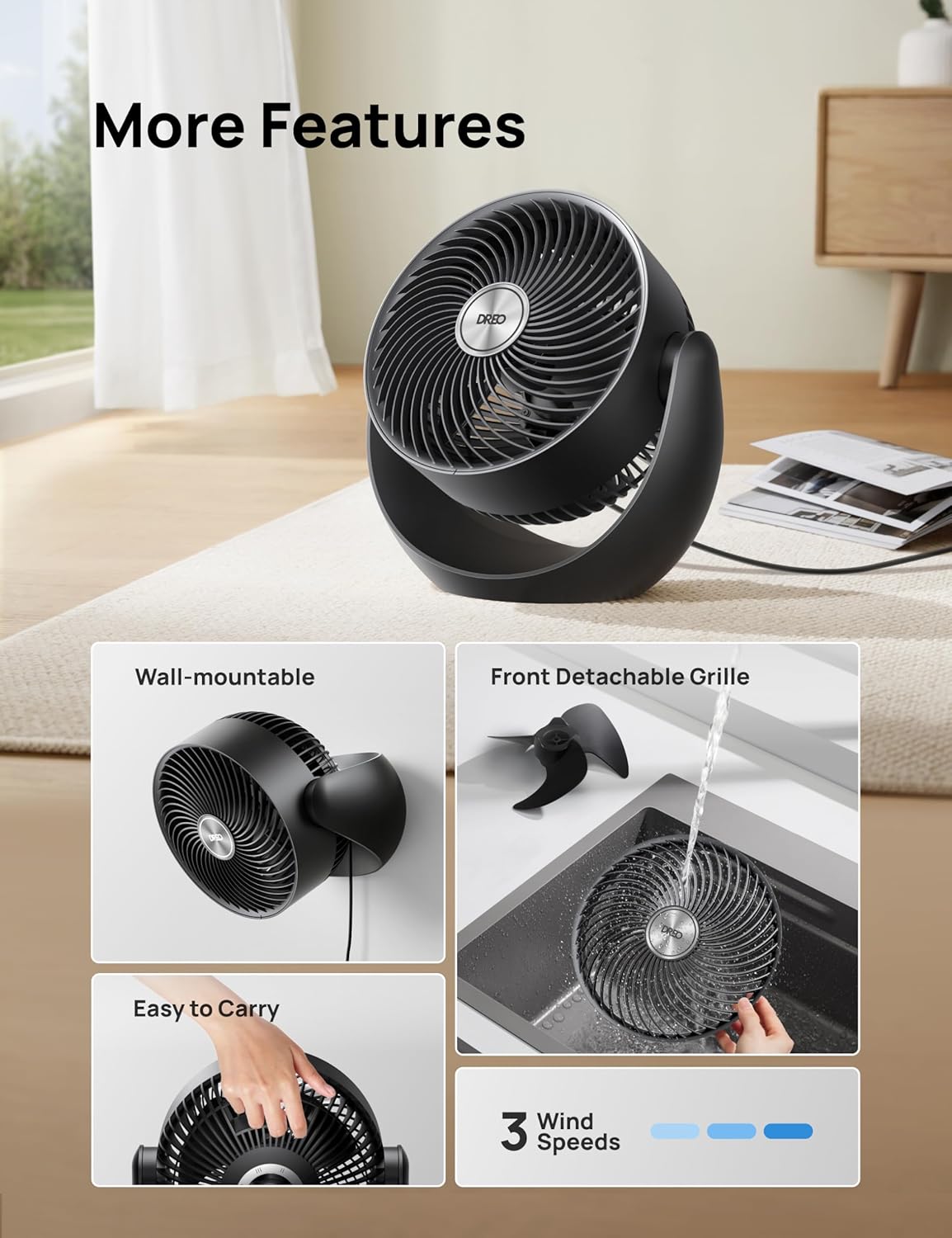 DREO Fan for Bedroom, Floor fans for Whole Room, 40ft Strong Airflow, 120° Adjustable Tilt, 28db Low Noise, Quiet, 11 Inch, 3 Speeds, 2025 New Air Circulator for Office, Kitchen, Home - Image 11