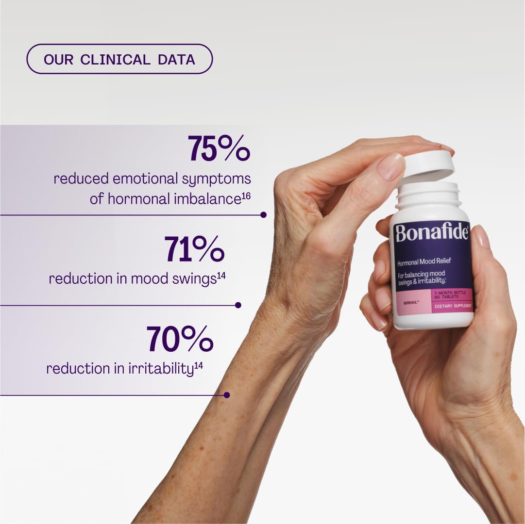 Serenol by Bonafide. Relief from Hormonal Mood Swings, Irritability, & PMS Bloating. — 3-Month Supply (180 Tablets) - Image 5