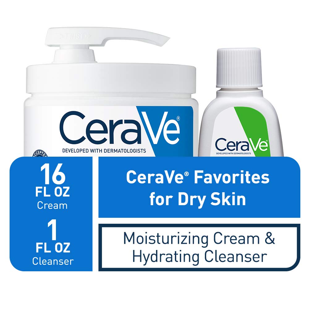 CeraVe Moisturizing Cream & Hydrating Facial Cleanser Skin Care Set, Combo Pack For Dry Skin Relief, Travel Essentials, 1oz Cleanser + 16oz Cream With Pump - Image 2