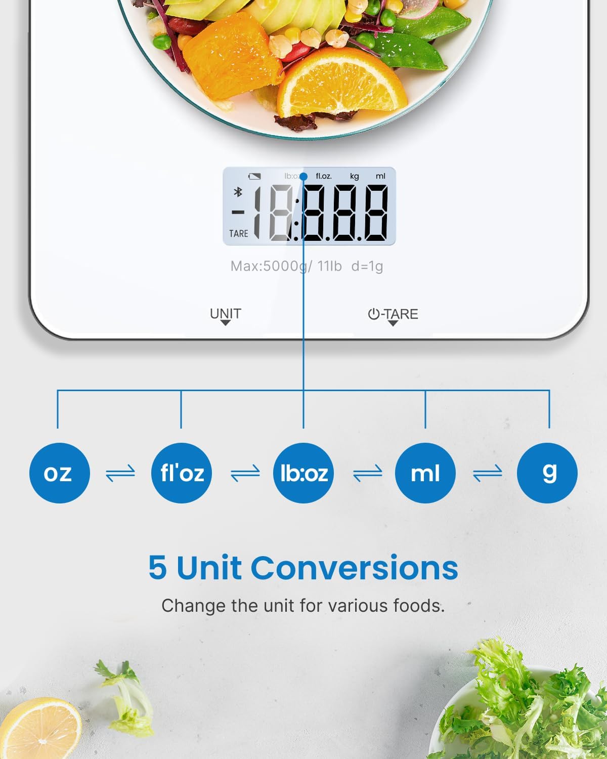 RENPHO Food Scale with Nutritional Calculator, Digital Kitchen Scale for Weight Loss, Smart Food Weight Scale with App for Macro Keto Calorie Cooking, Grams and Ounces, White, 11lb/5kg - Image 5