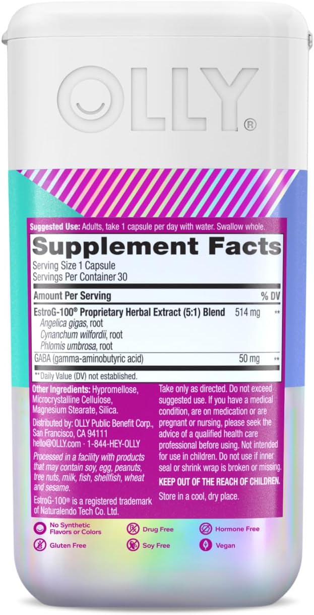 OLLY Mellow Menopause Supplements for Women, Supports Hot Flashes, Vaginal Dryness & Occasional Mood Swings,* Estro-G100®, GABA, Vegan Capsules, 1 Month Supply - 30 Count - Image 7
