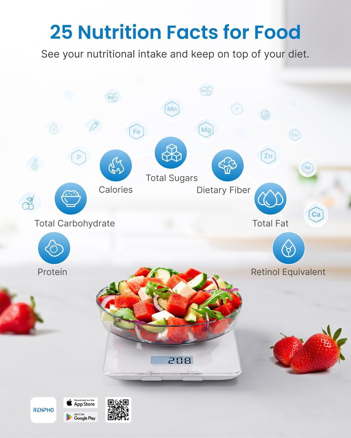 RENPHO Food Scale with Nutritional Calculator, Digital Kitchen Scale for Weight Loss, Smart Food Weight Scale with App for Macro Keto Calorie Cooking, Grams and Ounces, White, 11lb/5kg - Image 2