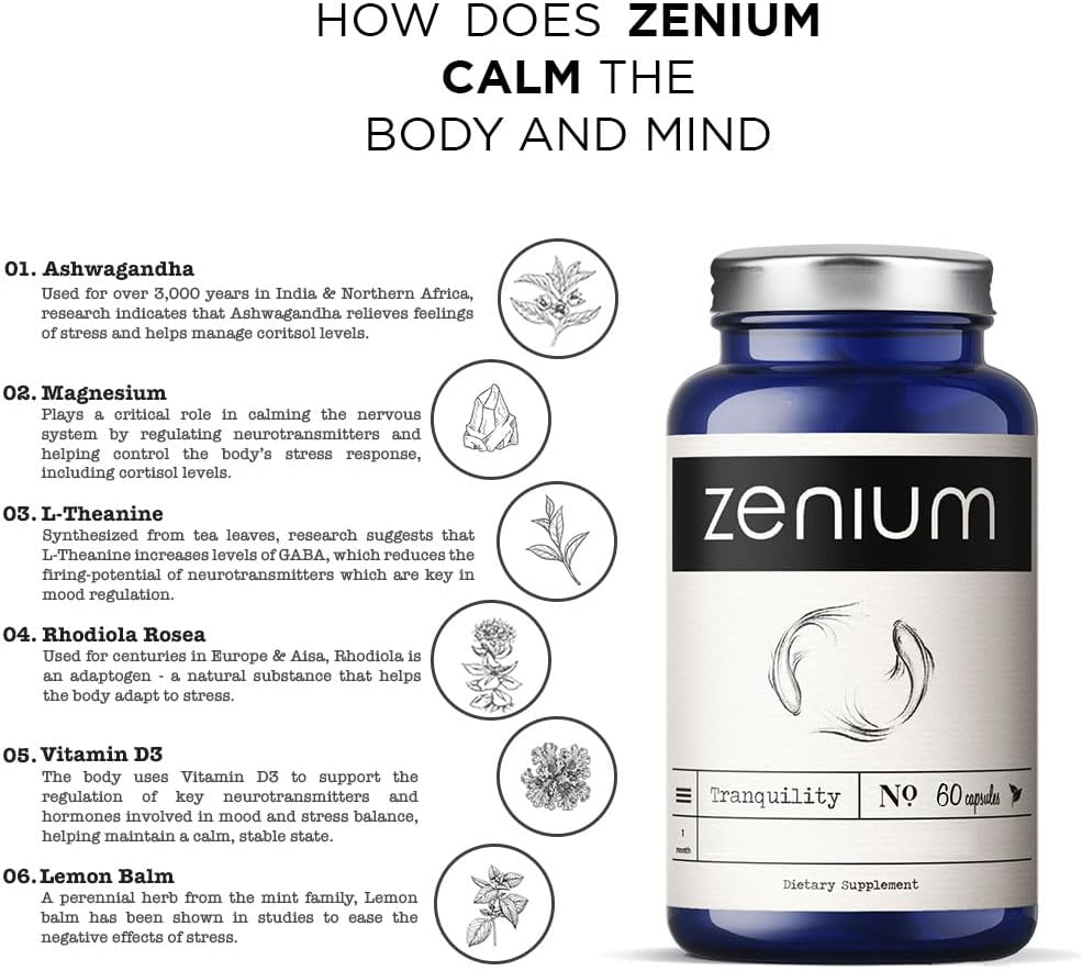 Zenium Stress Relief Supplement Supports Mood & Mental Focus - Feel Calm and Relaxed - Eases Tension & Nervousness - Ashwagandha, Magnesium & L-Theanine - Great for Gift Items - 60 Capsules - Image 3
