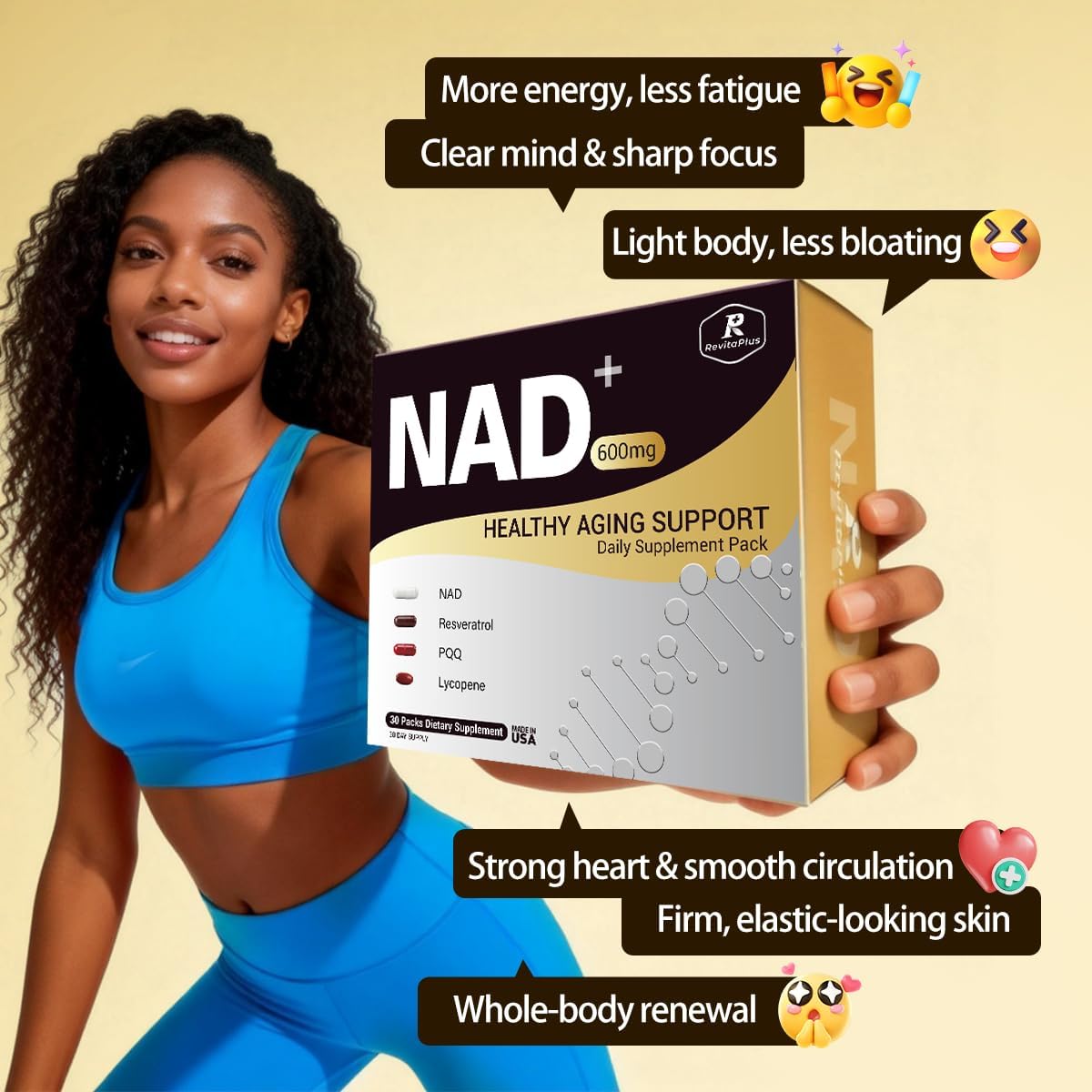 NAD Supplement with Resveratrol, PQQ,Ca-AKG,Nicotinamide,Green Tea, Advanced NAD+ Supplement Daily Pack Support Healthy Mitochondria,Healthy Aging and Cellular Energy for Women & Men 30 Packs - Image 4