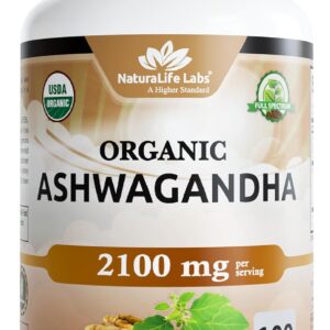 NaturaLife Labs Organic Ashwagandha 2100 mg per Serving – Full Spectrum Root Powder and Standardized Extract (Withanolides) – 100 Capsules – Vegan – Non-GMO, Gluten-Free