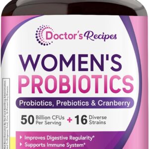 Doctor's Recipes Women's Probiotic, 60 Caps 50 Billion CFU 16 Strains, with Organic Cranberry, Digestive Immune Vaginal & Urinary Health, Shelf Stable, Delayed Release, No Soy Gluten Dairy