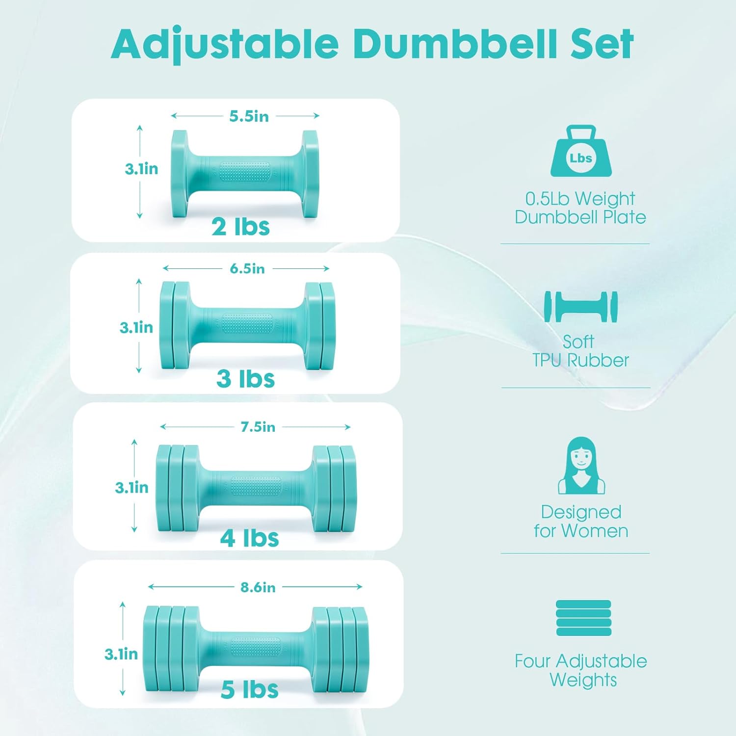EQUIPRO Adjustable Dumbbell Set, 4 in 1 Free Weights Dumbbells Set for Women, Weights for Women at Home, 2lb 3lb 4lb 5lb with TPU Soft Rubber Handle for Home Gym Exercise Training - Image 4