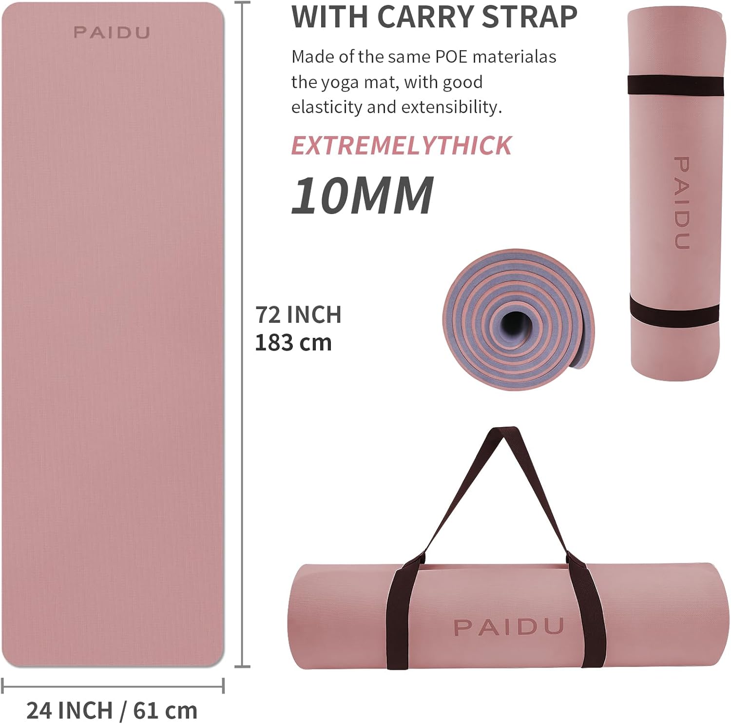 PAIDU Yoga Mat Non Slip Anti-tear,extra thick-2/5 inch(10MM)High Resiliency Professional POE Yoga Mats for Women Men Kids,72"x24"inch,Workout, Yoga, Pilates and Floor Exercise, with Carrier Strap - Image 2