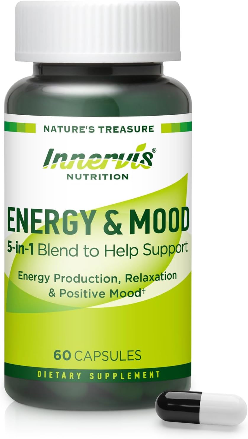 Caffeine Free Natural Energy Boost with Ashwagandha, Maca & Magnesium - Support Stress Relief, Focus & Mood - 60 Capsules by Innervis Nutrition