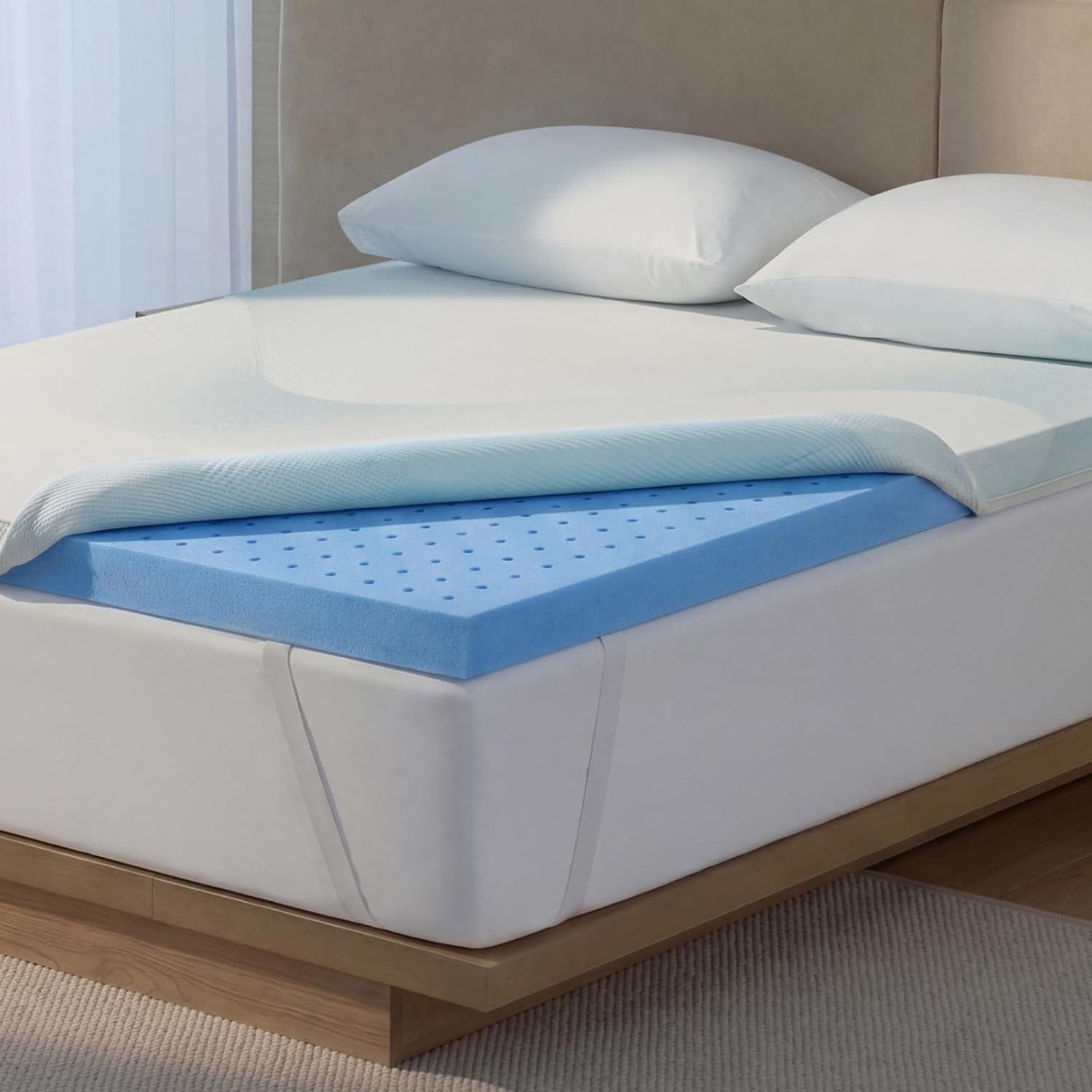 Breescape Cooling Mattress Topper King- 3Inch Breathable Foam Mattress, Cooling Mesh Cover, High Density Support, Non-Slip Elastic Straps, 3-Side Zipper Removable & Washable
