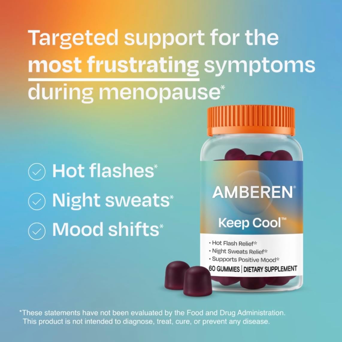 Amberen Keep Cool Menopause Supplement for Women, Feminine Care, with Pycnogenol® to Help Relieve Hot Flashes, Night Sweats and Support Positive Mood, Soy & Hormone Free, 60 Gummies, 30 Day Supply - Image 2