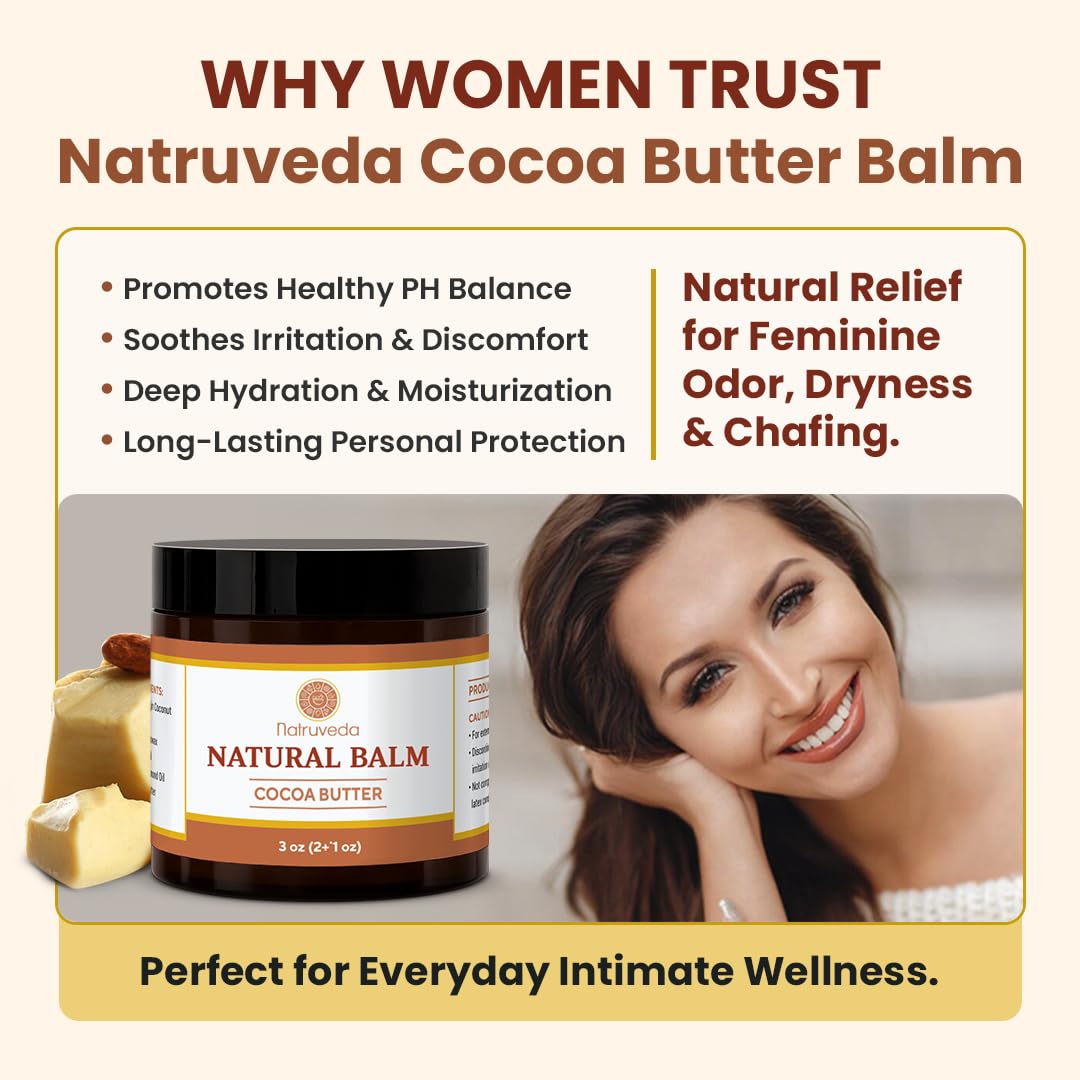 Natruveda Vulva Balm for Women – No added Fragrance, Vaginal Moisturizer Cream, Hormone-Free, Vulva Cream for Dryness and Itching, Feminine Balm, Wet Hydration (3 oz, Cocoa Butter) - Image 6