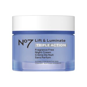 No7 Lift and Luminate Triple Action Fragrance-Free Night Cream – Anti-Wrinkle Collagen Peptide Brightening Moisturizer with Hyaluronic Acid, Hibiscus, and Vitamin C (50ml)