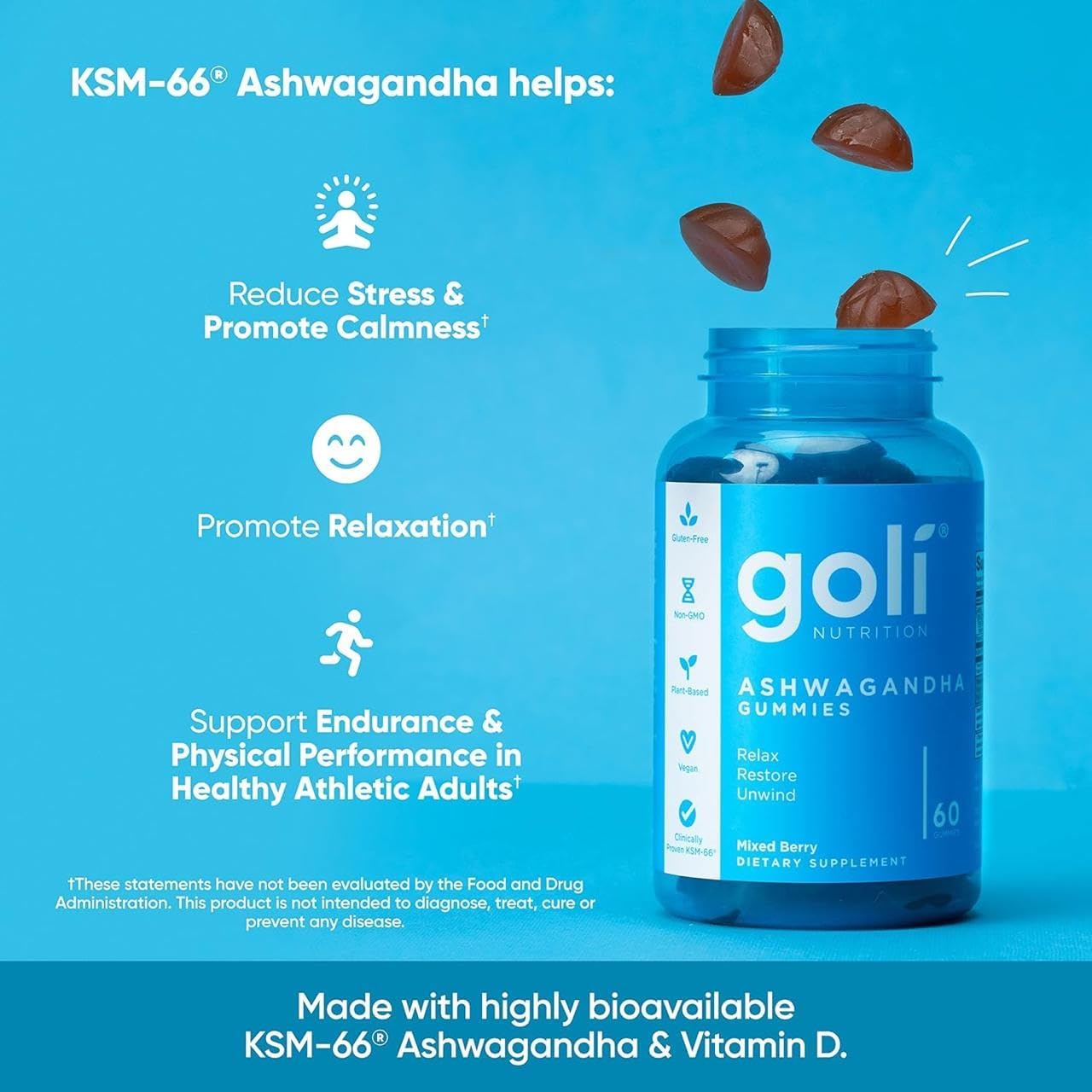 Goli Ashwagandha & Vitamin D Gummy - 60 Count - Mixed Berry, KSM-66, Vegan, Plant Based, Non-GMO, Gluten-Free & Gelatin Free Relax. Restore. Unwind, Pack of 1 - Image 6