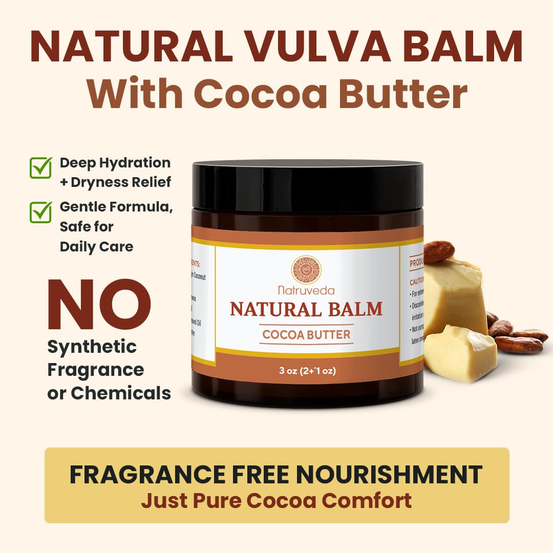 Natruveda Vulva Balm for Women – No added Fragrance, Vaginal Moisturizer Cream, Hormone-Free, Vulva Cream for Dryness and Itching, Feminine Balm, Wet Hydration (3 oz, Cocoa Butter)