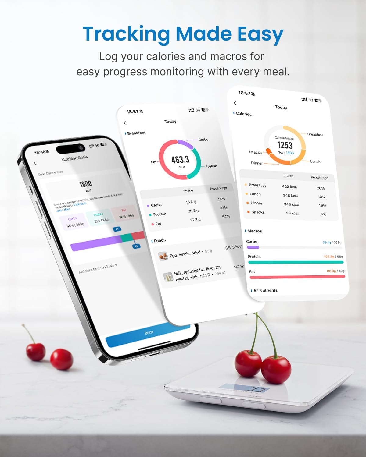 RENPHO Food Scale with Nutritional Calculator, Digital Kitchen Scale for Weight Loss, Smart Food Weight Scale with App for Macro Keto Calorie Cooking, Grams and Ounces, White, 11lb/5kg - Image 3