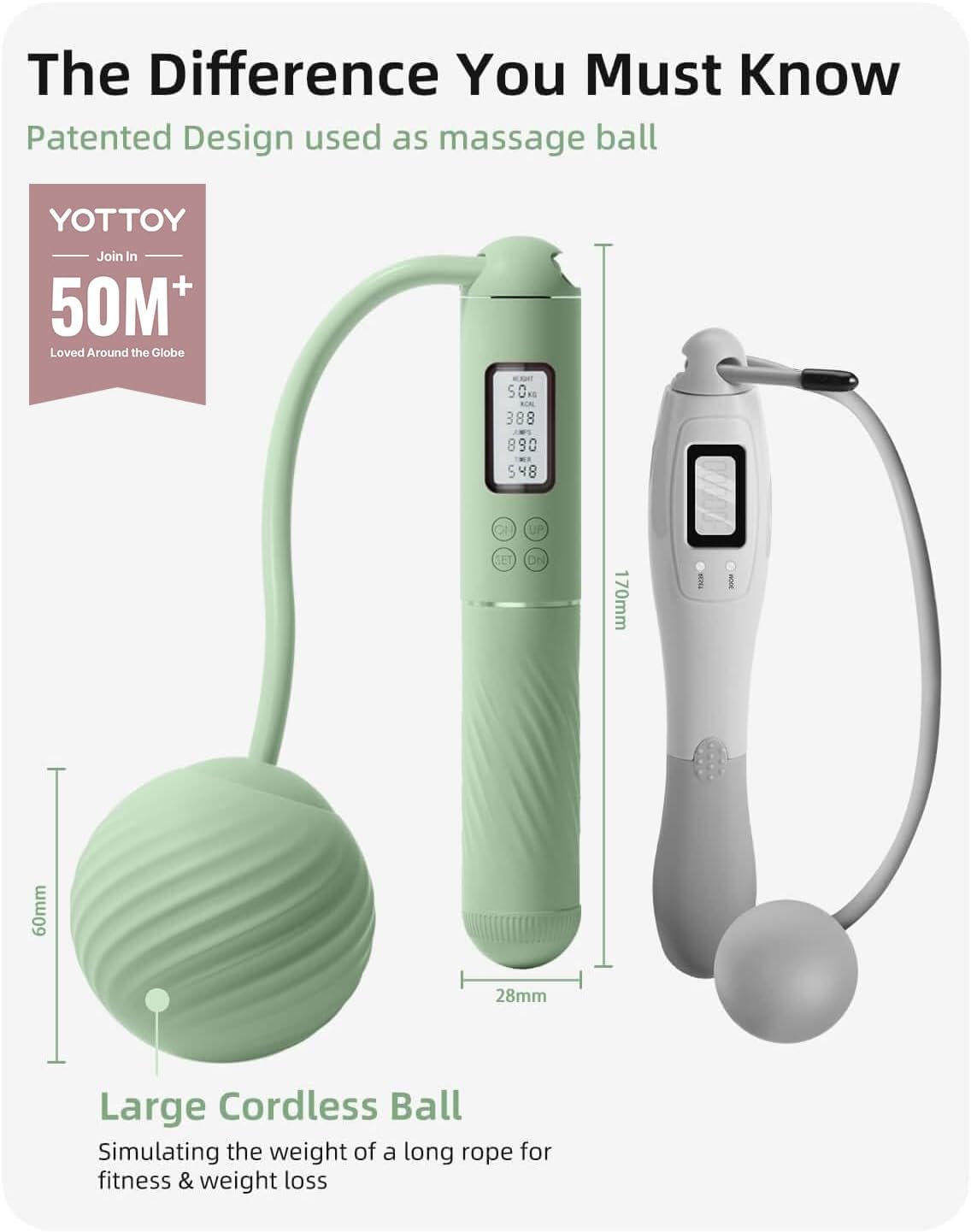 YOTTOY Skipping Ropes for Adults -Cordless Counter Jump Rope with Large Cordless Ball-Weighted Jump Rope for Women with LCD Display - Image 2