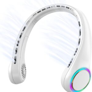 GULAKI Portable Neck Fan, Personal Fan with 4000mAh Battery, Rechargeable Neck Fan with 3 Speeds and 64 Cool Lights, Birthday Gifts for Men Women Mom Dad, Hands Free Cooling fan for Summer(White)