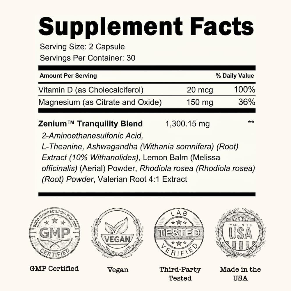 Zenium Stress Relief Supplement Supports Mood & Mental Focus - Feel Calm and Relaxed - Eases Tension & Nervousness - Ashwagandha, Magnesium & L-Theanine - Great for Gift Items - 60 Capsules - Image 4