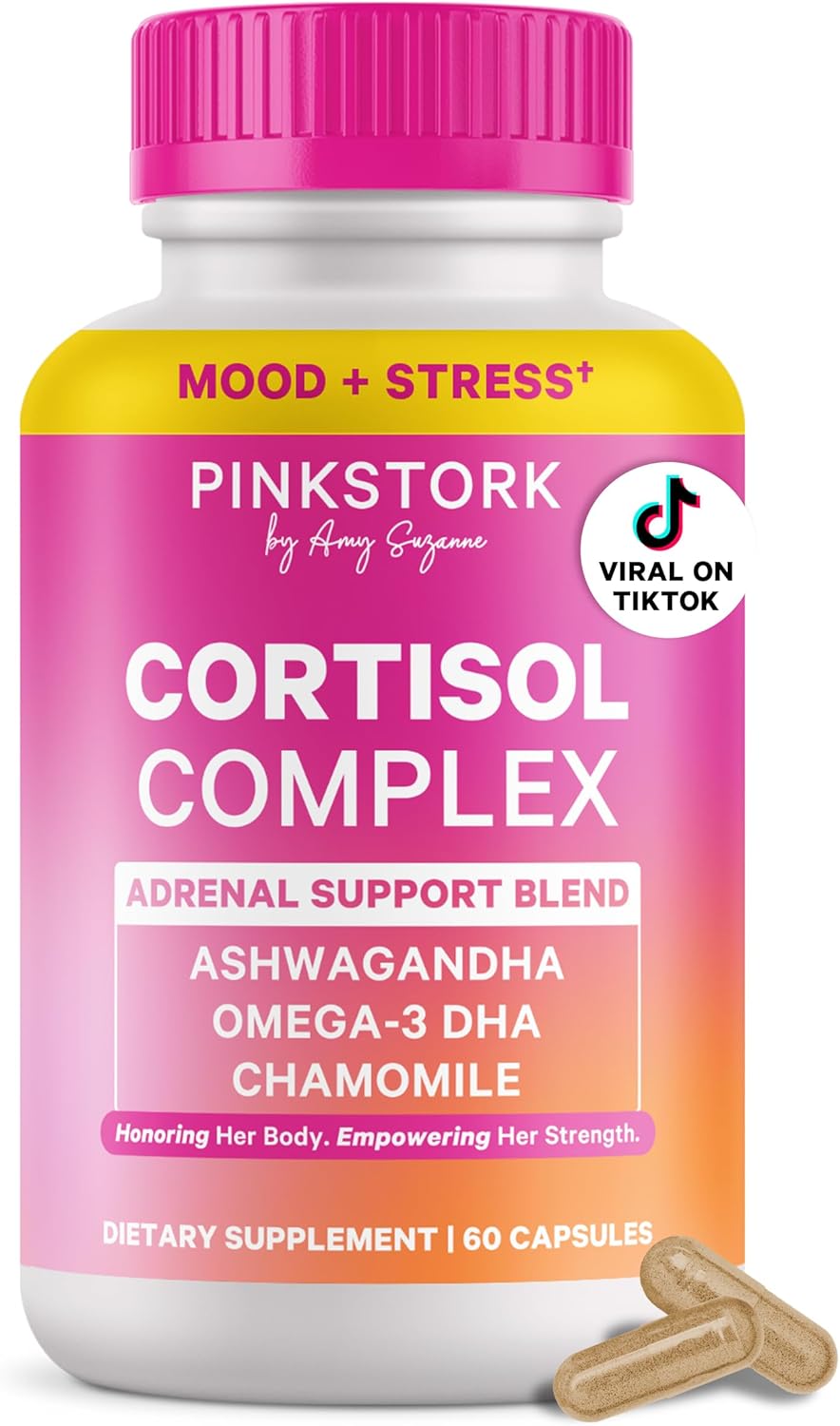 Pink Stork Cortisol Supplements for Women - Adaptogenic Adrenal Support & Stress Manager with Organic Ashwagandha, Omega 3, Saffron, Multivitamins - Mood & Hormone Balance - 60 Count