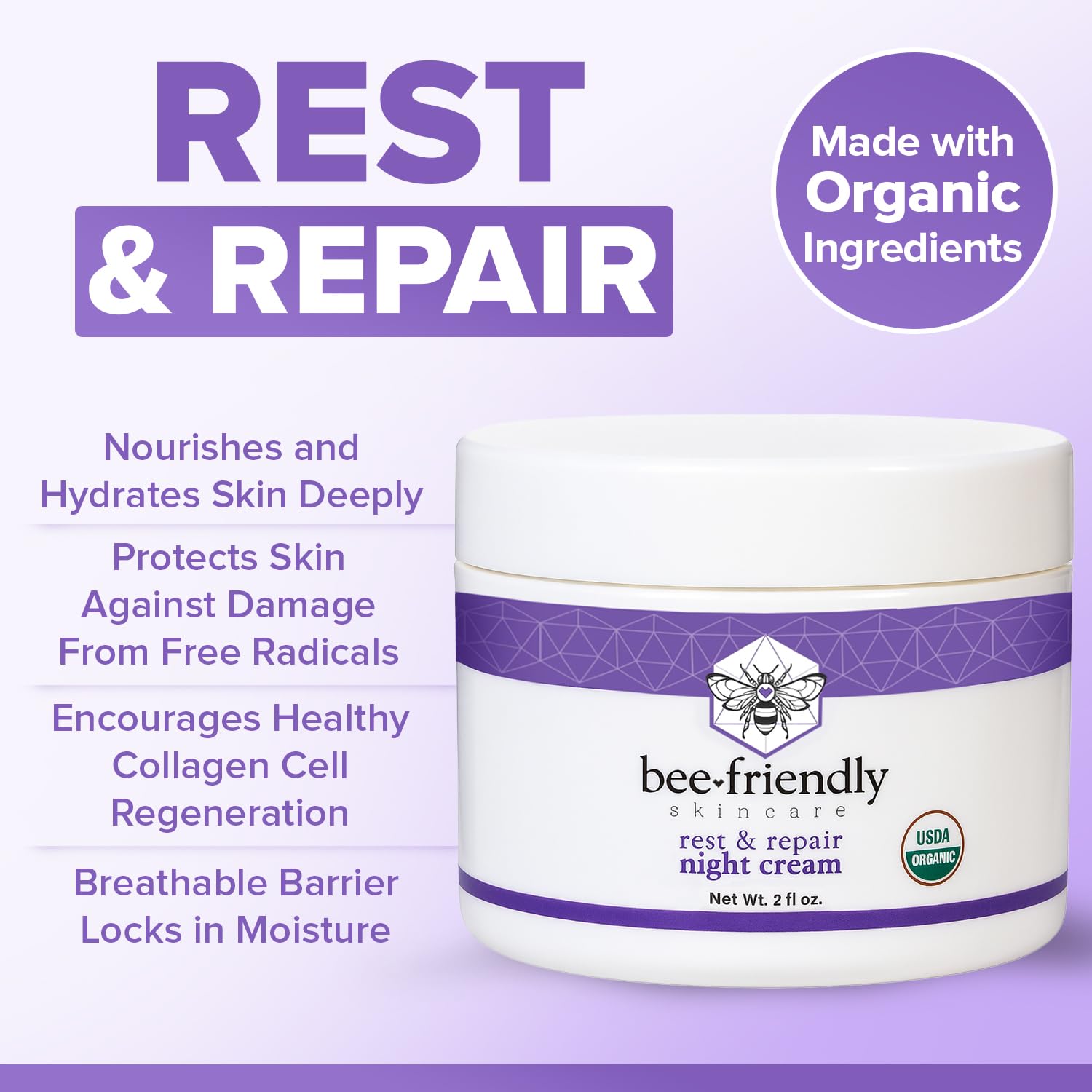 BeeFriendly Organic Night Cream, USDA Certified Organic, Deep Hydrating & Moisturizing Night Time Eye, Face, Neck & Decollete Cream for Women and Men, Anti Aging, Anti Wrinkle 2 oz - Image 4