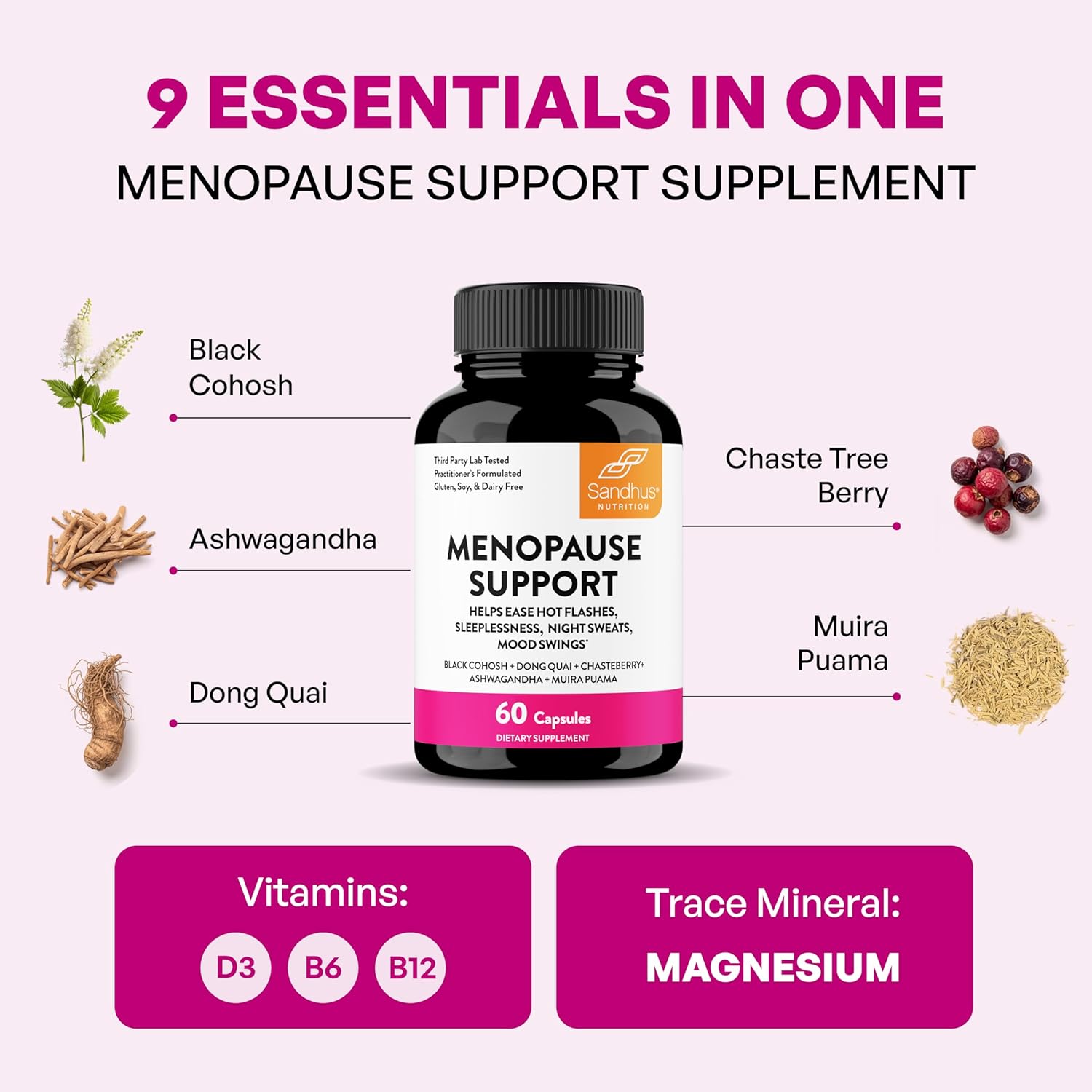 Complete Menopause Support Supplement For Women | With Ashwagandha, Black Cohosh, Dong Quai & Muira Puama | Helps Easing Hot Flashes, Night Sweats, Mood Swings, Hormone Balance & Harmony | 60 Capsules - Image 6