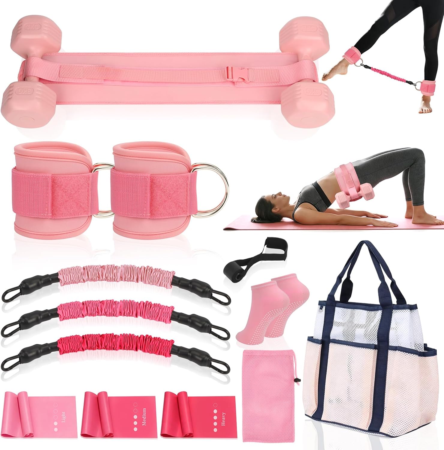 Women Glute Workout Equipment Set, Ankle Resistance Bands with Cuffs Long Yoga Resistance Bands Socks & Bag, Glute Sculpting at Home Set for Gym Equipment Pilates Kit