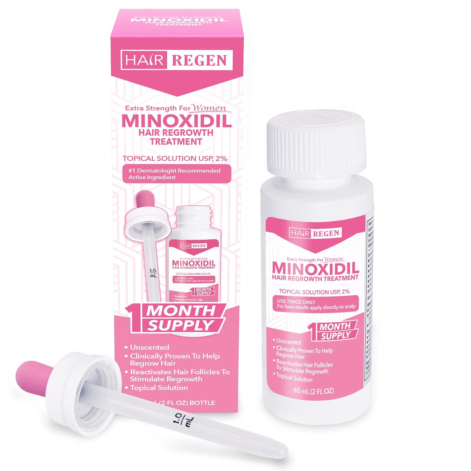Hair Regen Liquid Minoxidil Women 2% Percent - Extra Strength Advanced Topical Solution for Regrowth Serum Drops - Clinically Proven Growth Treatment for Hers Hair Loss 1 Pack as 1 Month Supply Kit