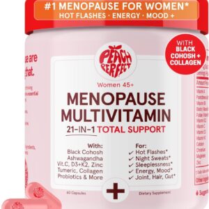 Peach Perfect Menopause Multivitamin | 21 Vitamins for Women 45+ | Black Cohosh, Ashwagandha, Vitamin D3+K2, Probiotics & Collagen | Support for Hot Flashes, Mood Swings, Joint & Skin Health | 30 SVG