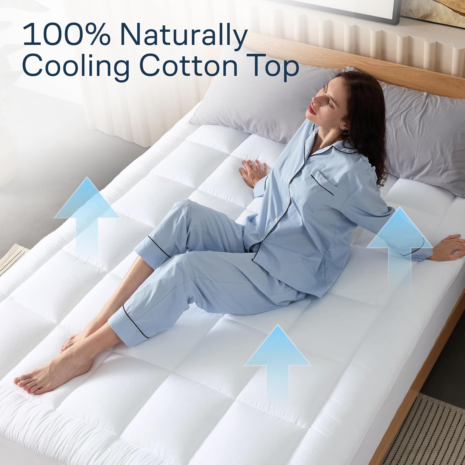 Cloud-Like Queen Mattress Topper - 100% Cotton Top Mattress Pad for Back Pain Relief - Breathable & Naturally Cooling for Hot Sleepers, White - Image 3