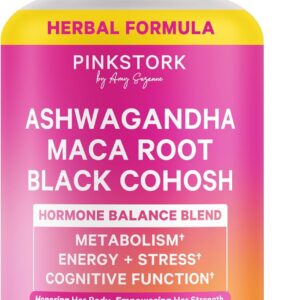 Pink Stork Ashwagandha, Maca Root & Black Cohosh Perimenopause & Hormone Balance Supplement for Women - Mood, Stress, Adrenal & Cortisol Support - 60 Capsules