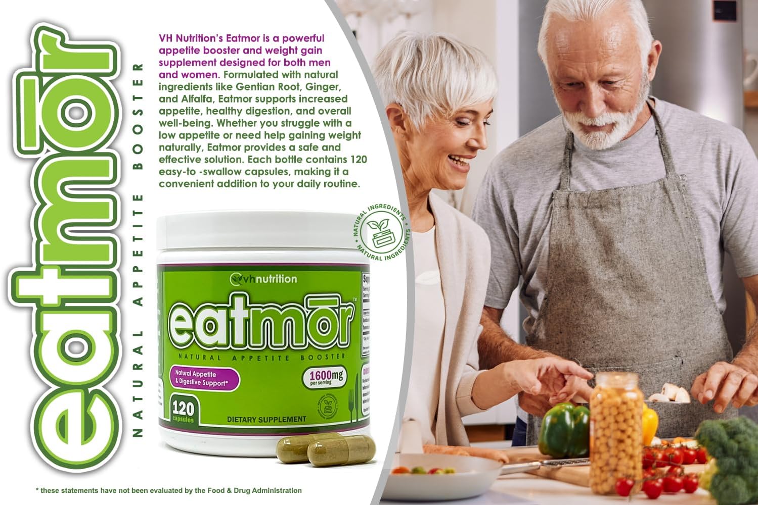 VH Nutrition Eatmor | Appetite Booster | Weight Gain Pills* for Women and Men | Designed for Women with Gentian, Ginger, Alfalfa | 120 Easy-to-Swallow Capsules - Image 2