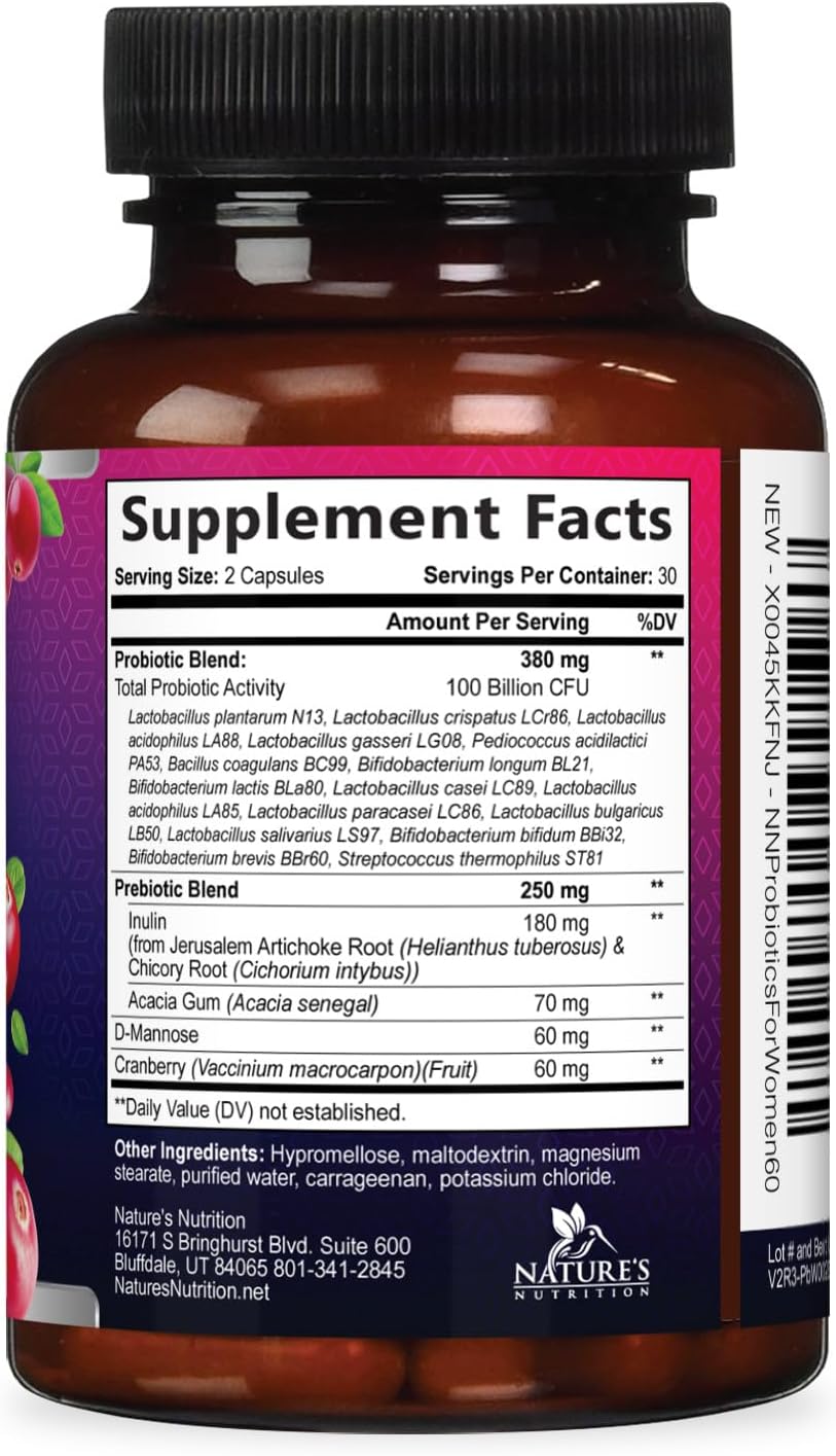 Probiotics for Women - Probiotic Blend 100 Billion CFU Per Serving - Women's Probiotic for Targeted Vaginal & Digestive Health Support - 16 Strains, Cranberry, Prebiotics - Bottled USA - 60 Capsules - Image 9
