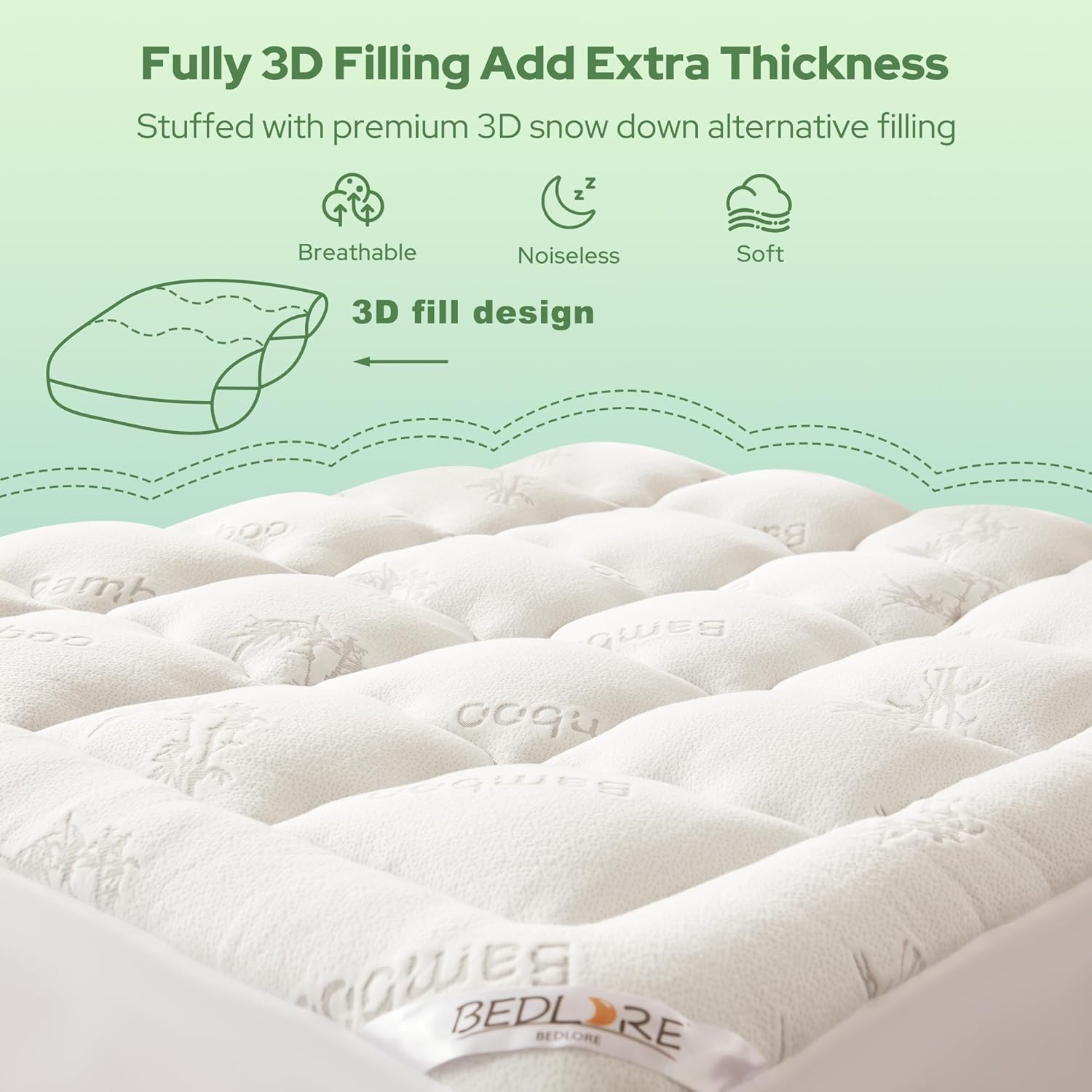 BEDLORE Queen Mattress Topper Viscose Derived from Bamboo, Thick Pillow Top Mattress Pad with Stretchable Pockets for 6-18 inches Mattress, Soft Breathable Mattress Topper for Back Pain Relief - Image 5