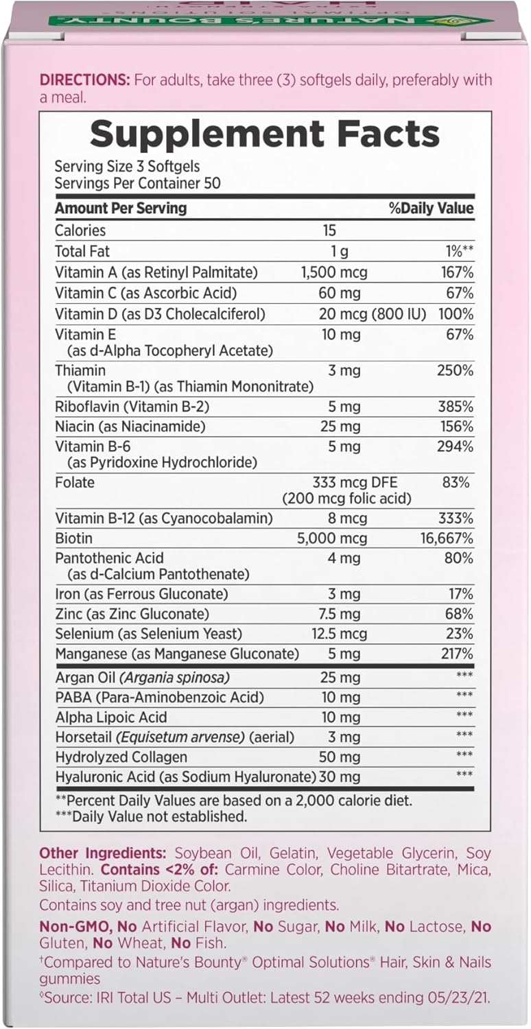 Nature's Bounty Advanced Hair, Skin & Nails, Argan-Infused Vitamin Supplement with Biotin and Hyaluronic Acid, 150 Rapid Release Softgels, 50 Total Servings - Image 8