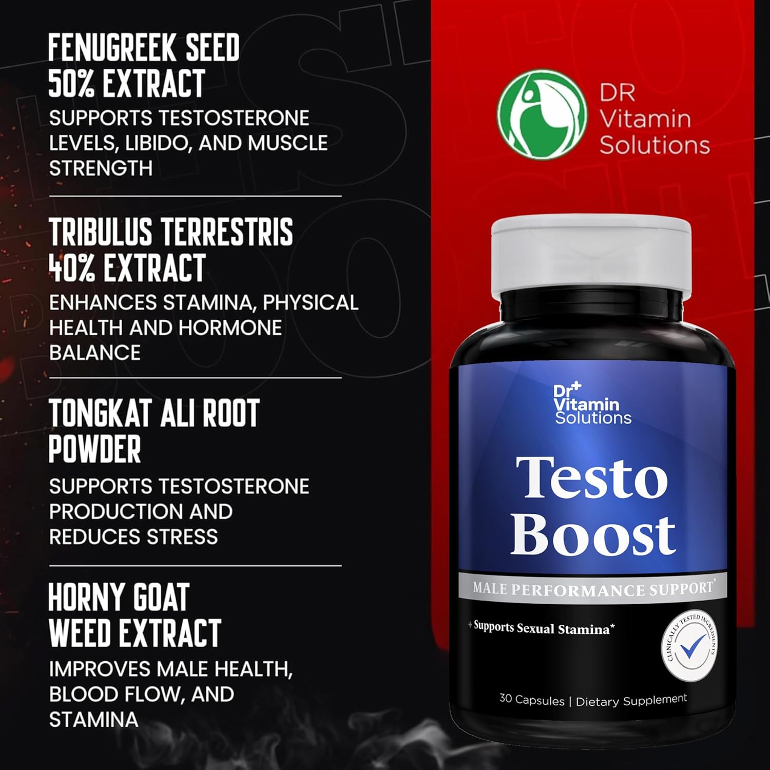 Testosterone Booster Supplement for Men - Stamina, Endurance & Energy - Tongkat Ali, Horny Goat Weed, Tribulus, Fenugreek, Maca & Panax Ginseng - Muscle Strength Support - 30 Capsules, 1 Month Supply - Image 6