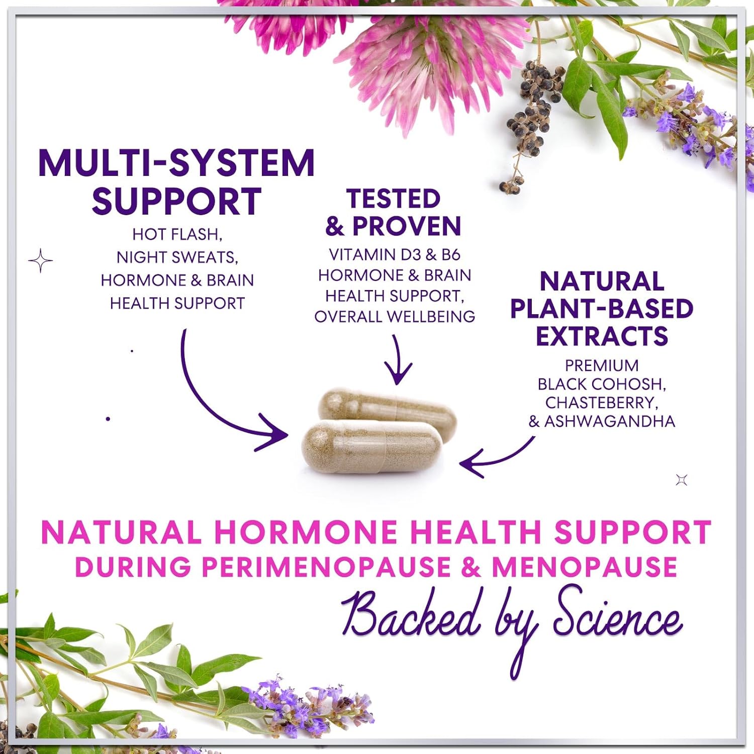 Menopause Supplements for Women - Complete Hot Flash Night Sweats & Menopause Relief Pills, Probiotics with Dong Quai & Black Cohosh for Vaginal, Digestive Support - 60 Capsules - Image 3