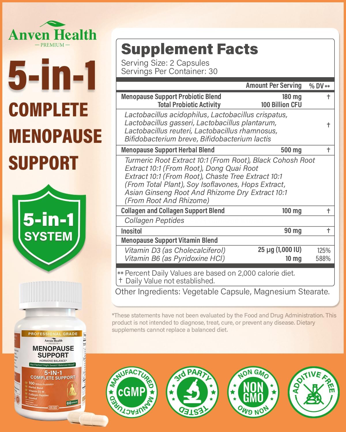 Menopause Supplements for Women, Vitamin D3 & B6, Menopause Relief Probiotics Supports Hot Flashes, Night Sweats, Bloating & Gut Health with Black Cohosh, Herbs, Collagen | 60 Veggie Caps - Image 2