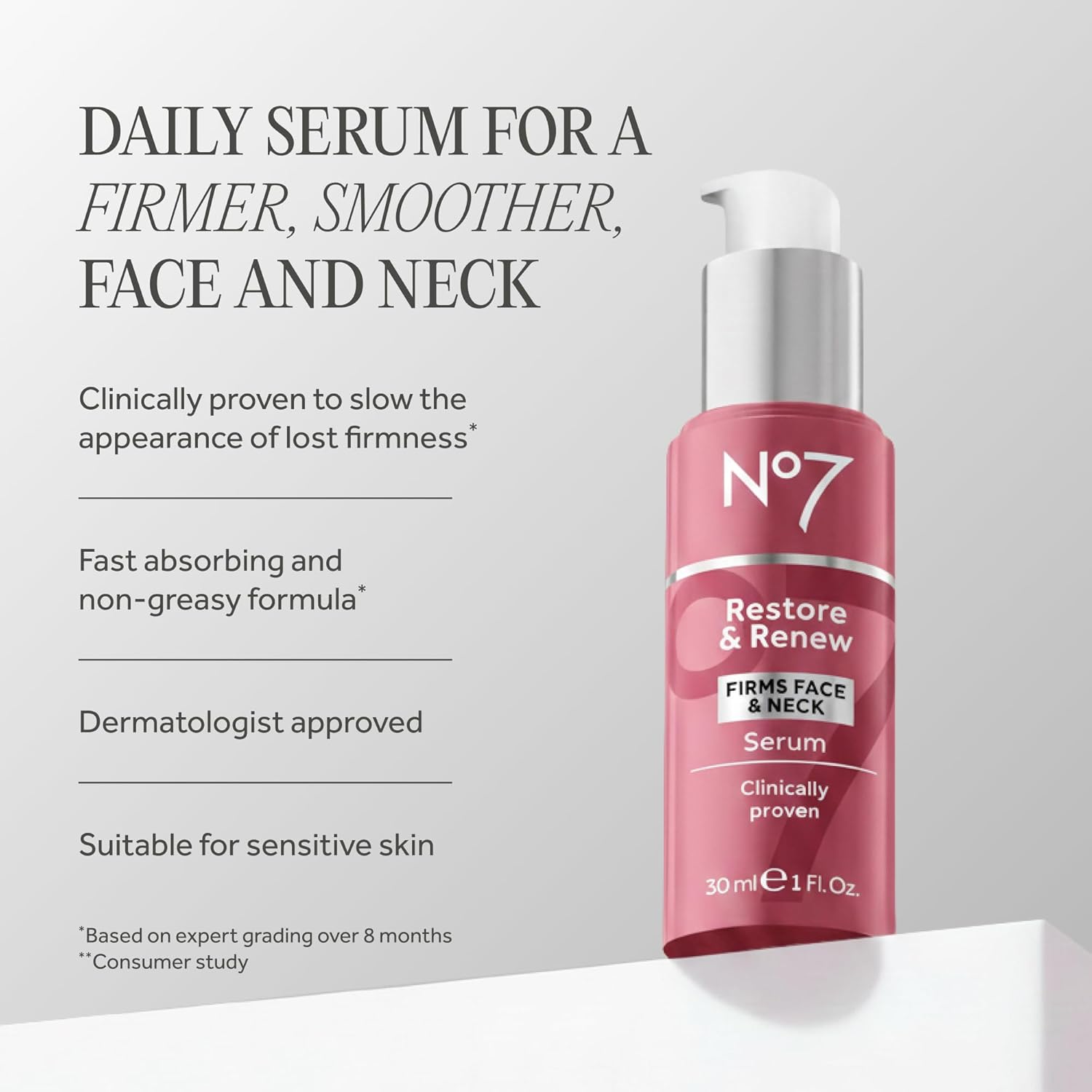 No7 Restore & Renew Multi-Action Face & Neck Serum - Anti Aging Serum for Deep Wrinkle Repair - Collagen Infused Skincare with a Hydrating Blend of Hibiscus Peptides & Hyaluronic Acid (1 fl oz) - Image 2