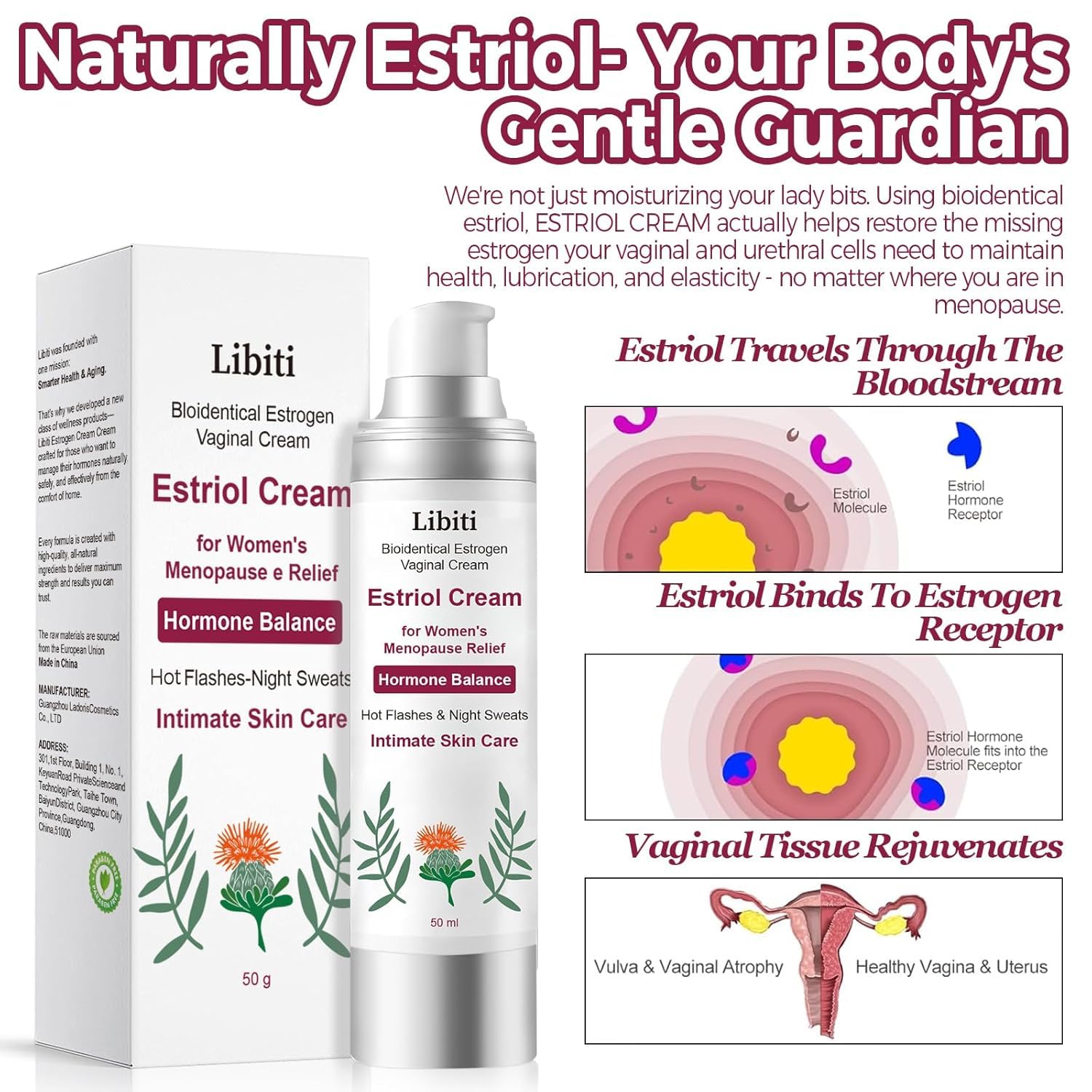 Estriol Cream for Women, Silky Peach Vaginal Estrogen Cream, Menopause Relief: Hormone Balance, Treat Night Sweats, Hot Flashes, and Care for Intimate Skin, 50g - Image 2