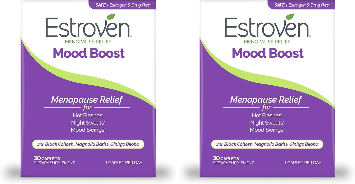 Estroven Mood Boost for Menopause Relief, Helps Reduce Hot Flashes & Night Sweats, Helps Manage Mood Swings, 30 Count (Pack of 2)