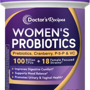 Doctor's Recipes Probiotics for Women, 100 Billion CFU, 18 Probiotic Strains, Prebiotics, Cranberry, P-5-P & VC, Vaginal, Digestive & Immune Support, Shelf-Stable, 30 Vegan Caps