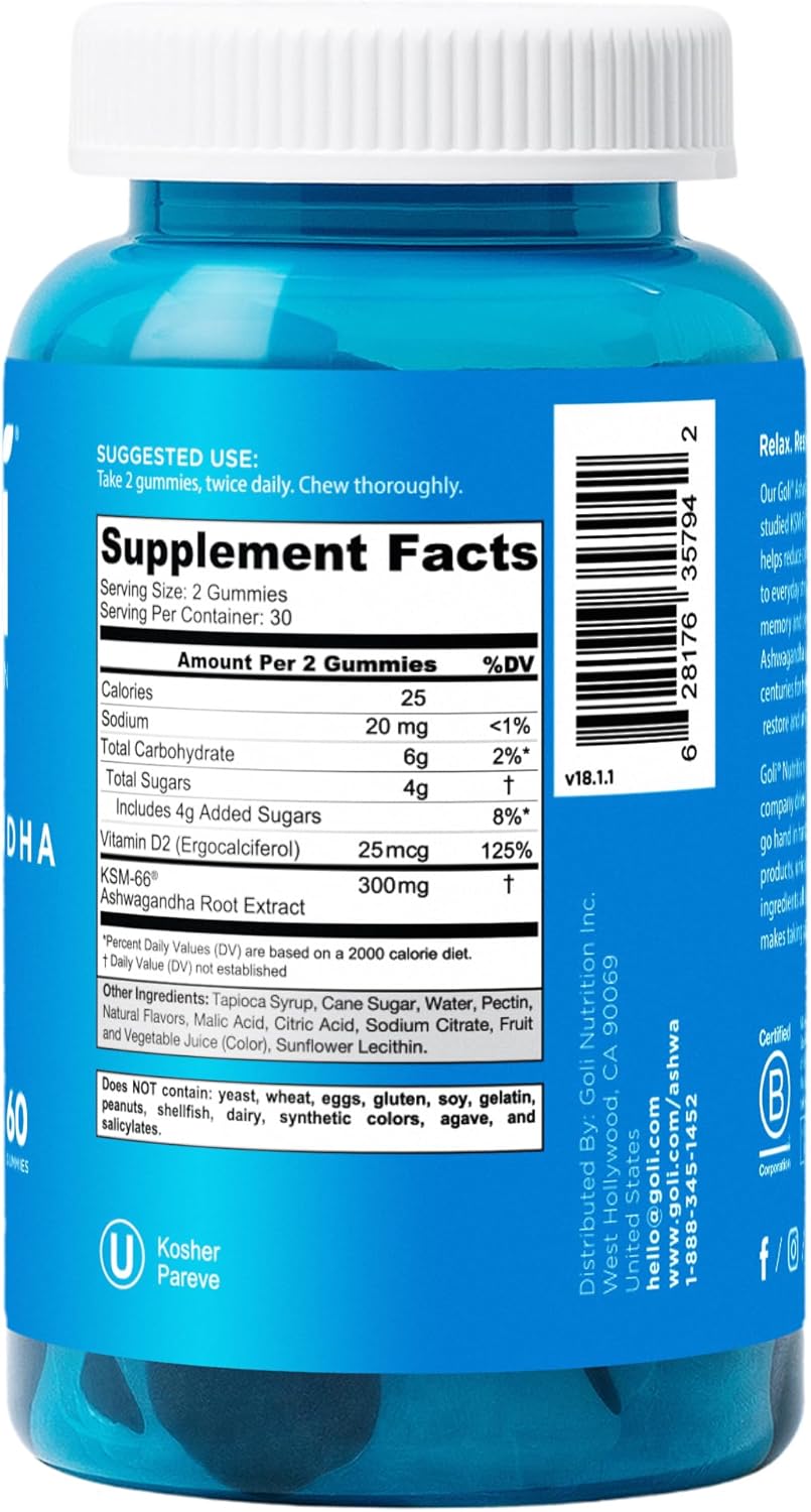 Goli Ashwagandha & Vitamin D Gummy - 60 Count - Mixed Berry, KSM-66, Vegan, Plant Based, Non-GMO, Gluten-Free & Gelatin Free Relax. Restore. Unwind, Pack of 1 - Image 4