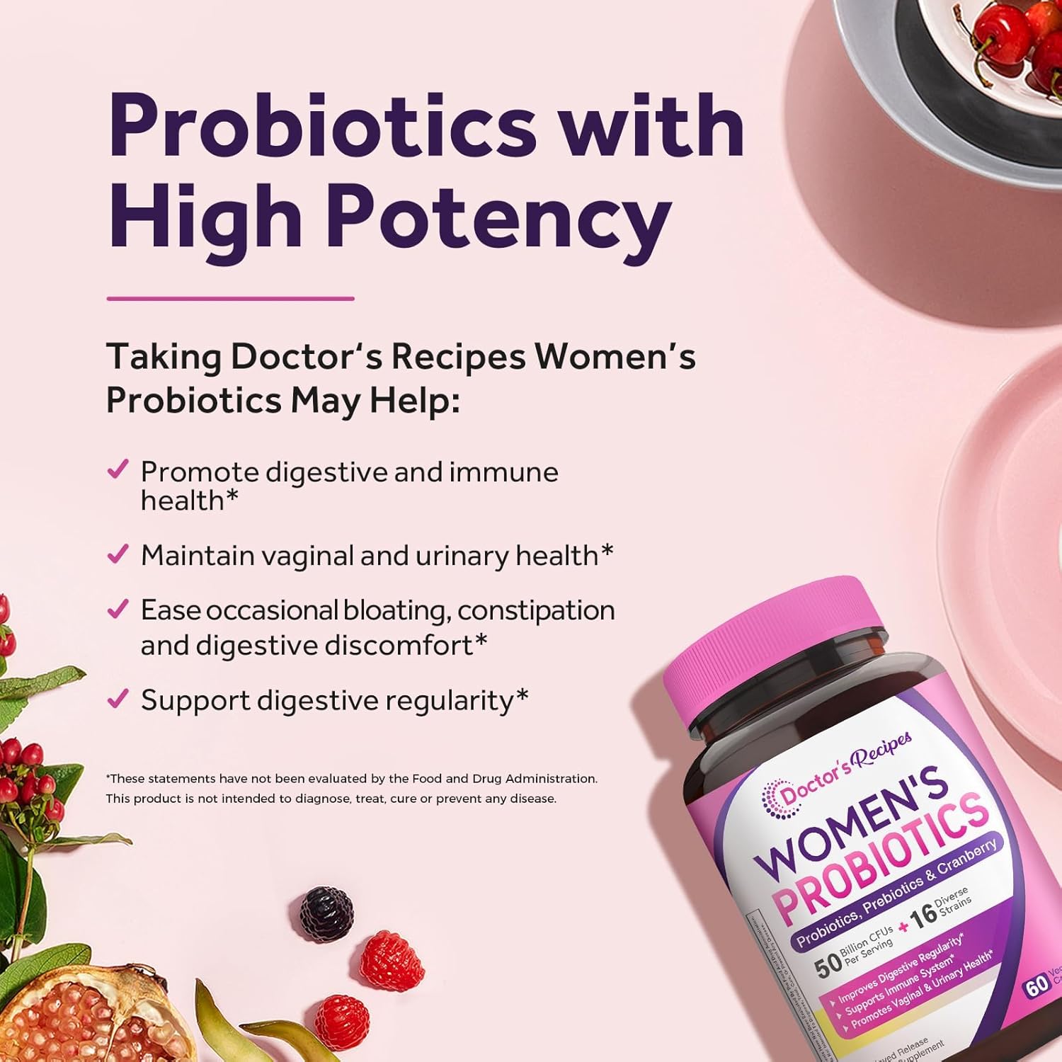 Doctor's Recipes Women's Probiotic, 60 Caps 50 Billion CFU 16 Strains, with Organic Cranberry, Digestive Immune Vaginal & Urinary Health, Shelf Stable, Delayed Release, No Soy Gluten Dairy - Image 3