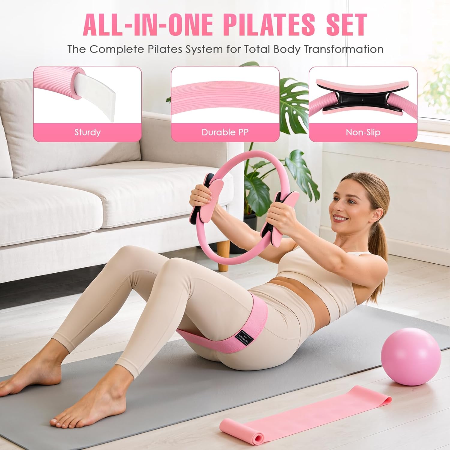 Pilates Kit, Pilates Equipment for Home Workouts, Home Pilates Essentials Kit for Women with Pilates Ring and Ball Set, Socks, ankle resistance bands with cuffs, Resistance Band and Massage ball - Image 2