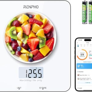 RENPHO Food Scale with Nutritional Calculator, Digital Kitchen Scale for Weight Loss, Smart Food Weight Scale with App for Macro Keto Calorie Cooking, Grams and Ounces, White, 11lb/5kg