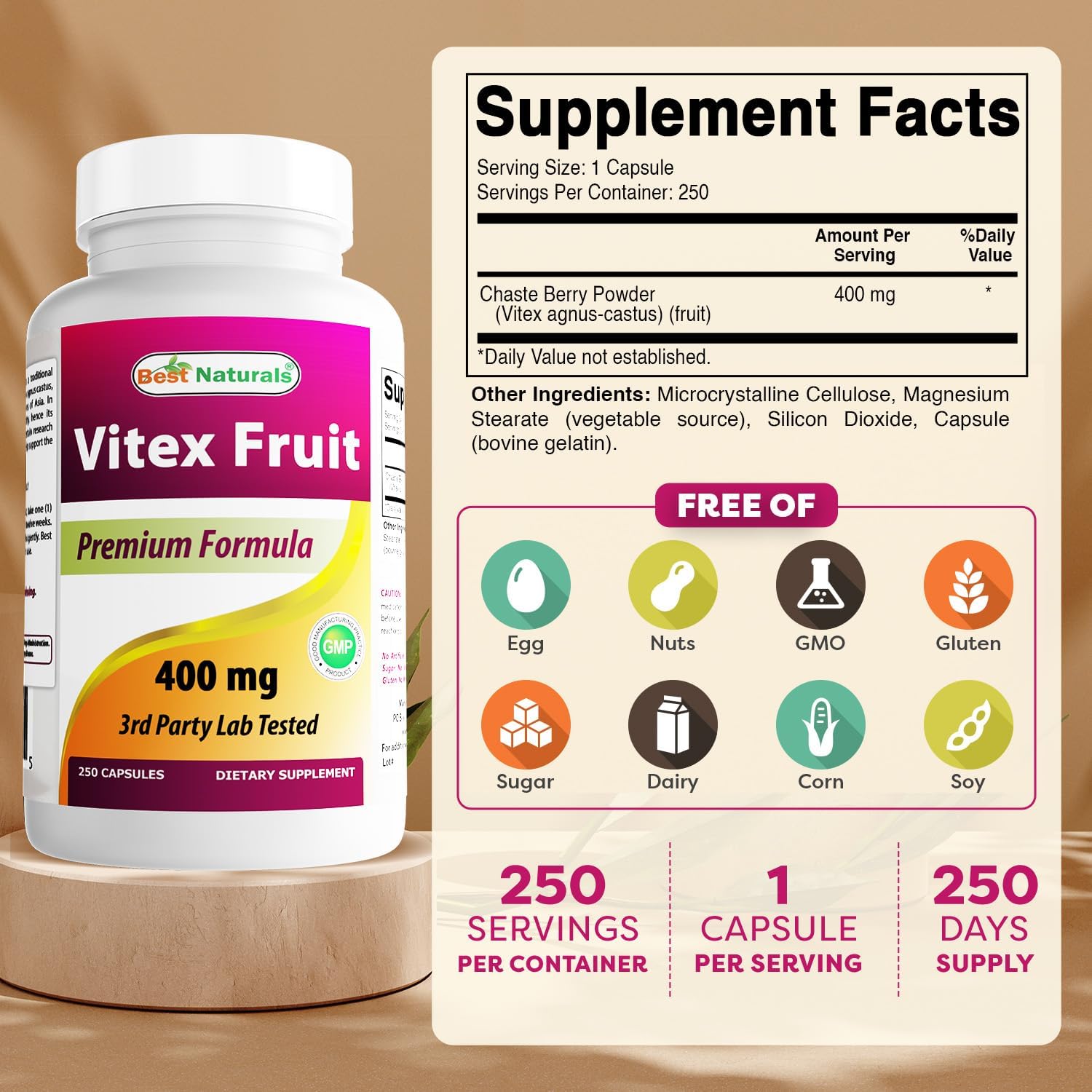 Best Naturals Vitex Chasteberry 400 mg 250 Capsules - Image 2
