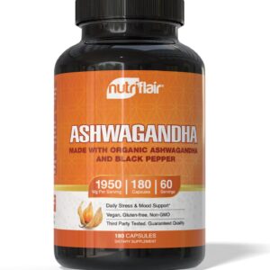 NutriFlair Organic Ashwagandha Root Extract - with Organic Black Pepper - Stress and Mood Support - Powerful Adaptogenic Benefits and Overall Health - Made in USA