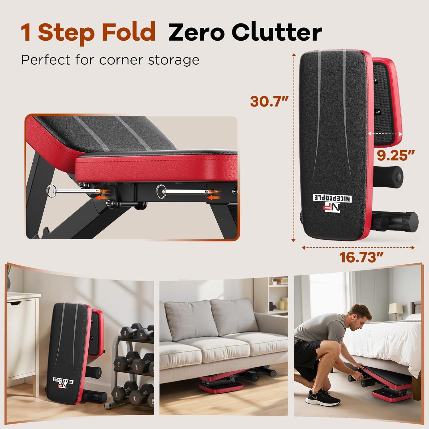 NICEPEOPLE Adjustable Weight Bench for Home Gym, 660LBS Capacity Workout Bench with 8 Backrests for Chest Shoulders Arms, Compact and Foldable Strength Bench for Small Space Apartment Room - Image 6