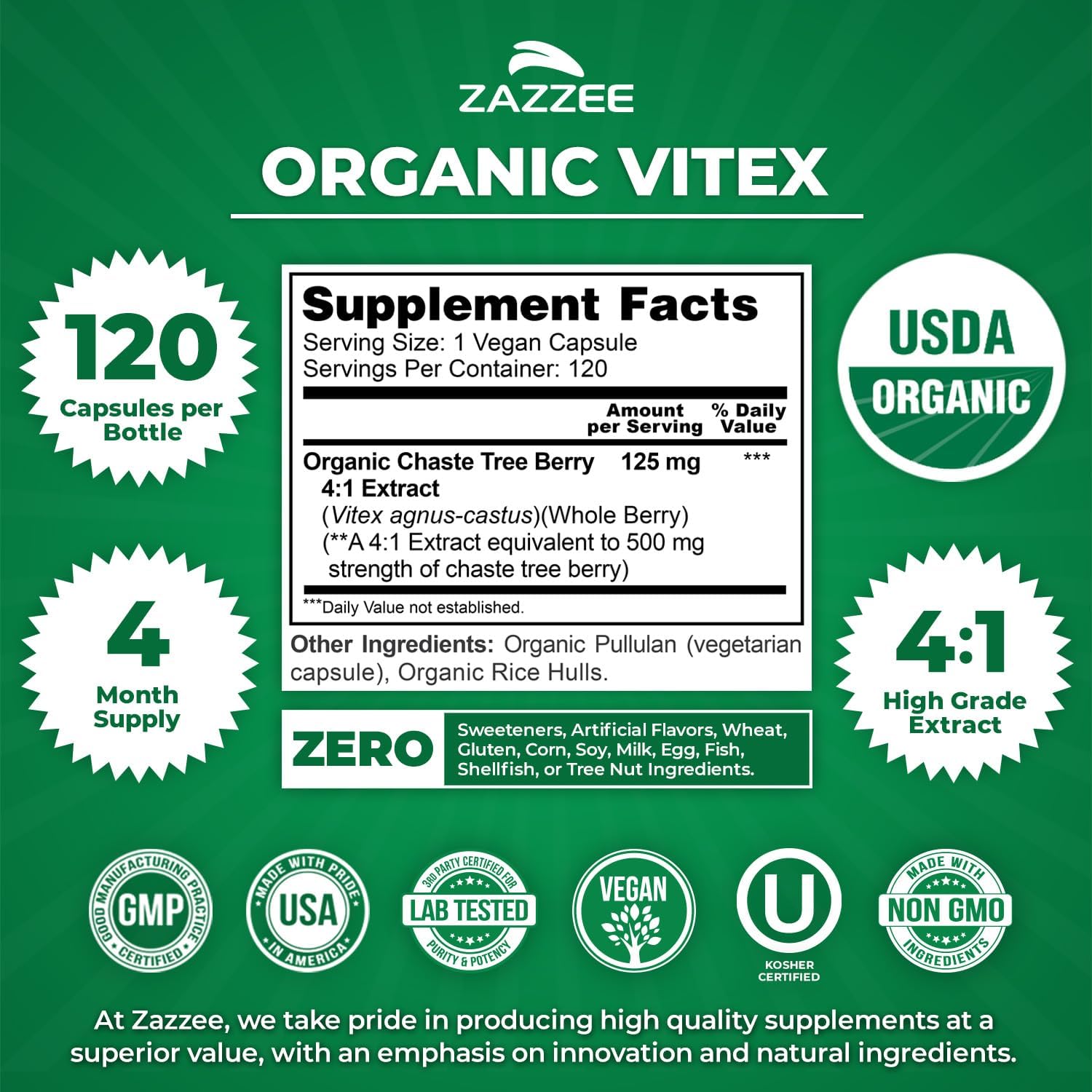 Zazzee USDA Organic Vitex 4:1 Extract, 120 Vegan Capsules, 4 Month Supply, Chaste Berry, Hormonal Balance & Cycle Support for Women, Certified Kosher, Vitex Agnus-Castus, Non-GMO, Made in the USA - Image 3